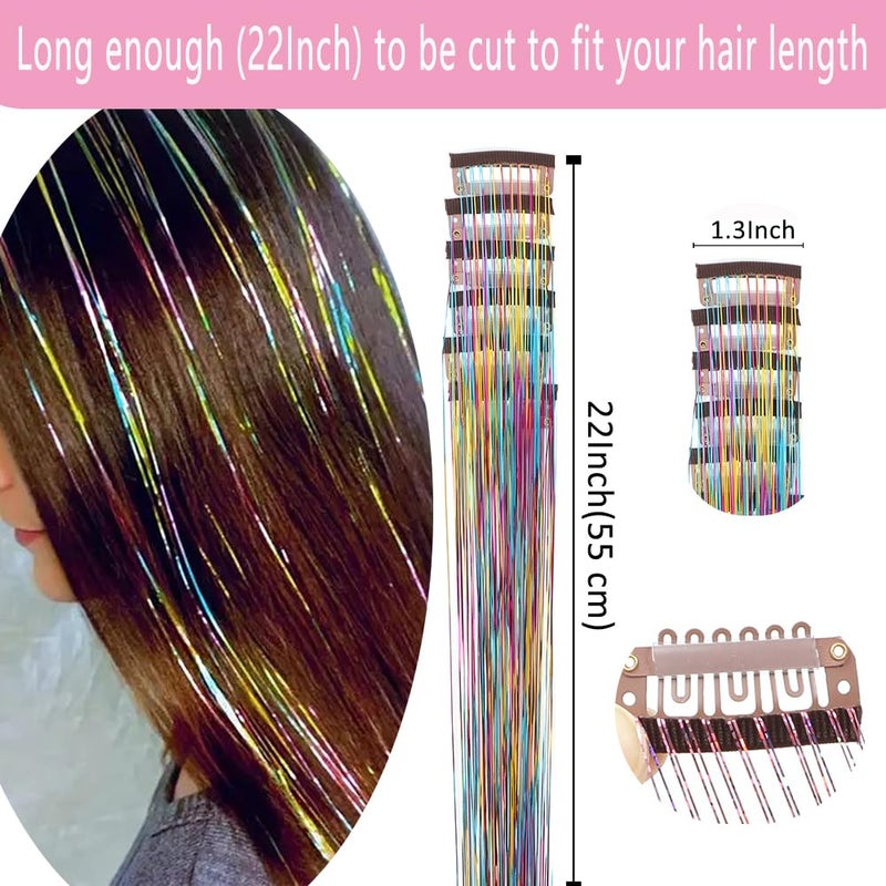 EROADE Hair Tinsel 18 Pcs Clip in Hair Tinsel Kit for Girls 22 Inch Glitter Fairy Tinsel Hair Extensions Colorful Heat Resistant Party Festival Accessories for Women Kids (Tri-color-18 Pcs) - Image 3